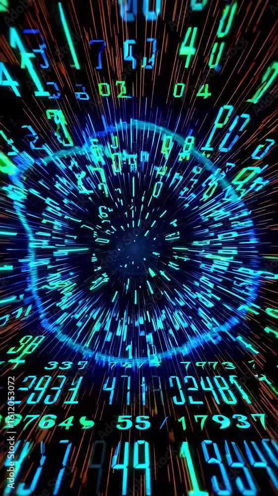 Poster dynamic video concept with a tunnel of glowing numbers in a digital style, captured from a central p