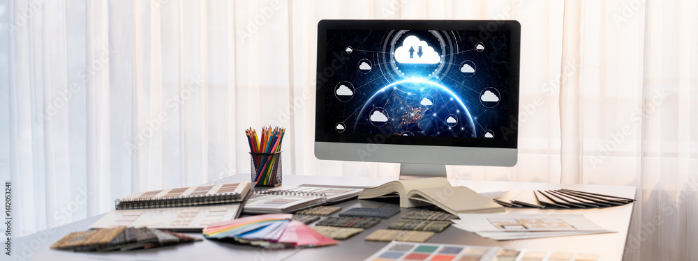 Poster interior designer workspace table and architecture software on laptop screen with mood board materia