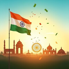 India Independence Day Celebration with Indian Flag and Red Fort in Delhi at Night