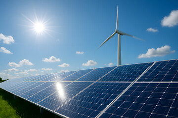 Solar panels and wind turbine renewable energy sustainable power plant