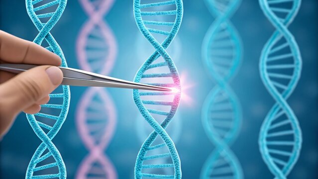 Human hand holding blue dna helix genetic science