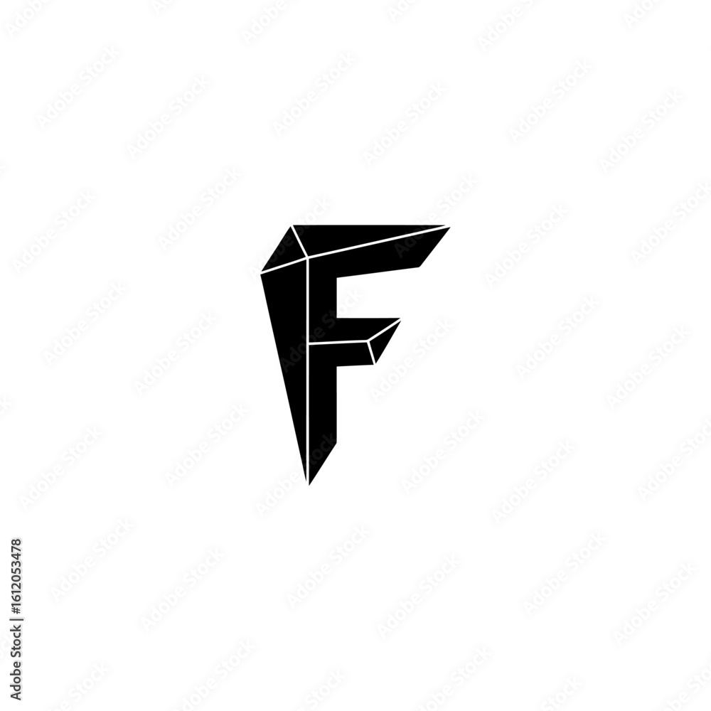 Poster a geometric black letter f with sharp edges and lines against a plain white background design elemen