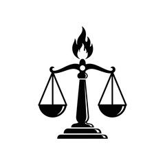 A black and white illustration of a scale with a flame on top representing justice and fairness