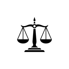 A black and white graphic of a scales of justice symbol on a white background in a simple style