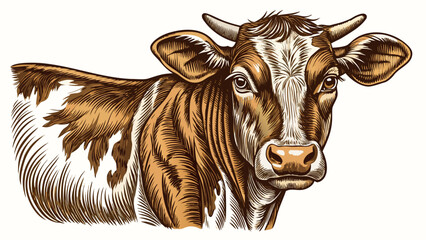 very Beautiful  close up Vintage engraving of dairy cattle isolated white background 