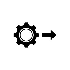 A black gear with a white center and a black arrow pointing to the right on a white background