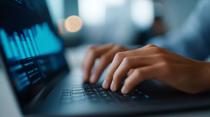 Close-Up of Collaboration on Laptop with Financial Analytics Overlay