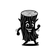 Cartoon tree stump character with a happy face and arms and legs in black and white design style