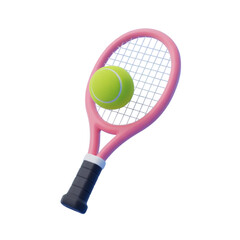 Pink tennis racket with bright yellow tennis ball isolated on black background sports equipment