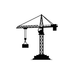 Silhouette of a construction crane lifting a rectangular object against a white background design art