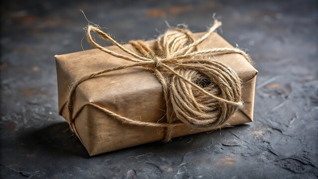 Photo of a rustic gift package wrapped in brown paper and tied with twine