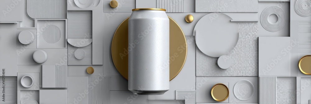 Poster minimalist 3d beer can design featuring geometric shapes on a textured surface with an empty top lay