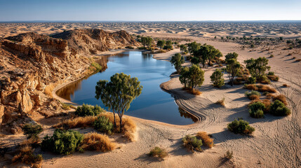 Serene desert oasis with sand dunes and reflective water in arid landscape