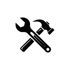 A symmetrical black and white image of a wrench crossed over a hammer on a white background space