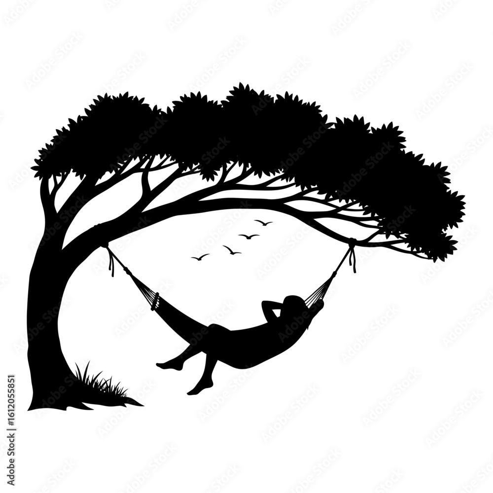 Poster silhouette of person relaxing in a hammock suspended from a tree with birds flying above them