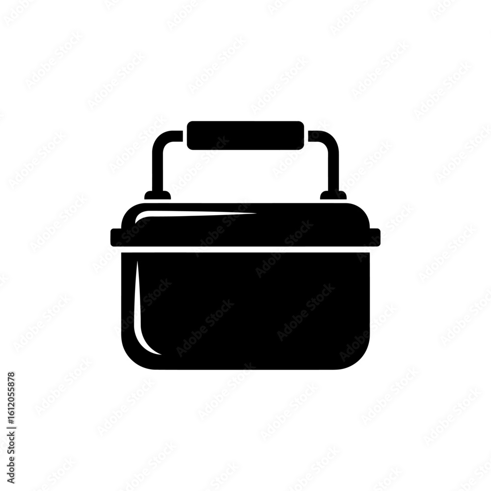 Poster a solid black silhouette of a rectangular container with a handle on a white background space