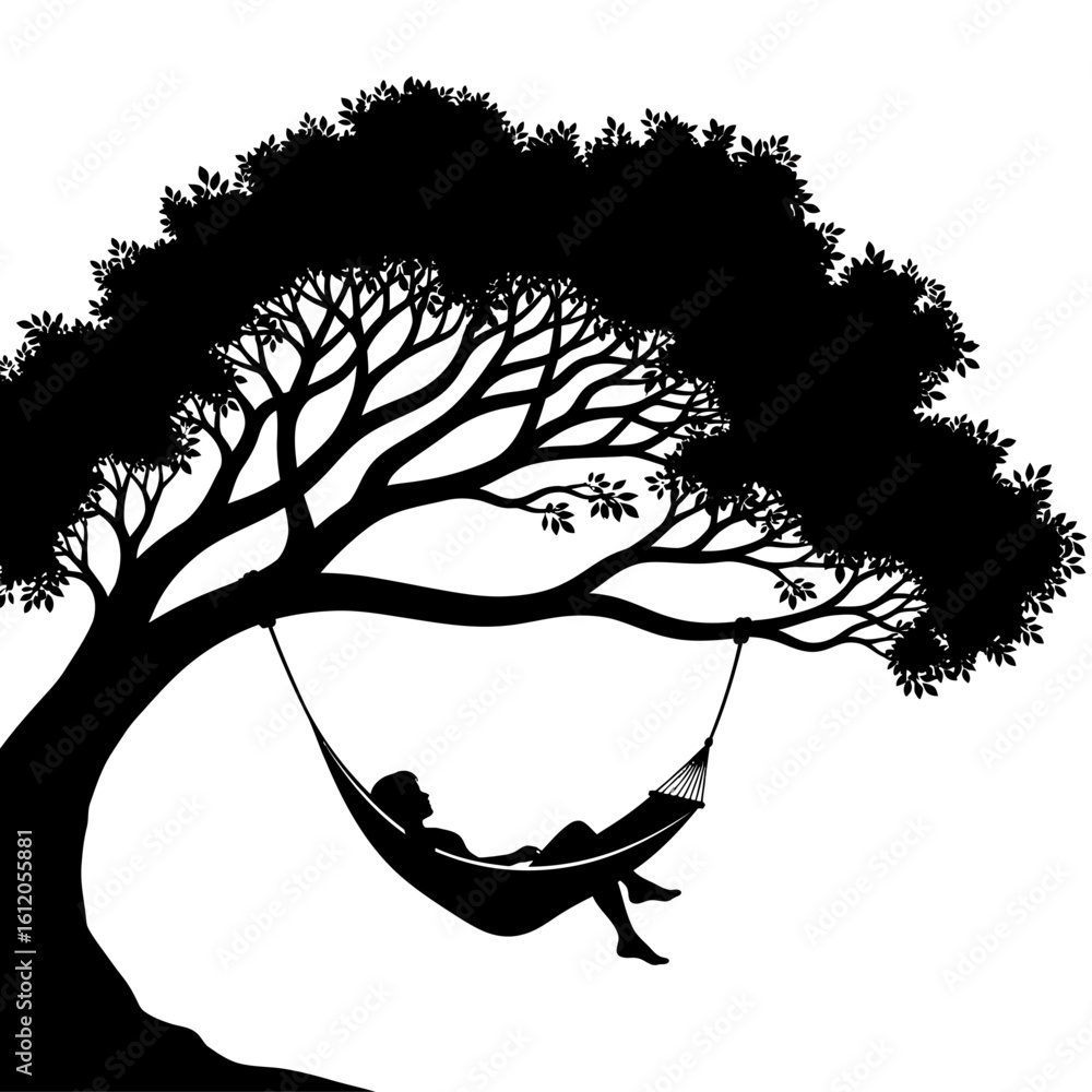 Poster silhouette of a person relaxing in a hammock hanging from a large tree with dense foliage overhead