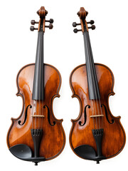 Fototapeta premium depiction of two antique violins isolated on a pure white background showcasing intricate wood grain and craftsmanship details