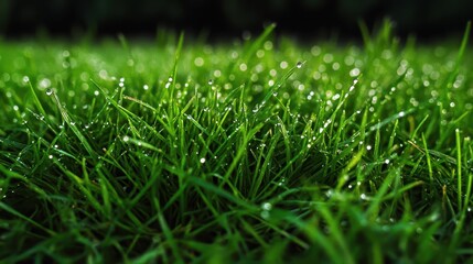 Fototapeta premium Fresh Green Grass with Morning Dew Droplets in Soft Focus Background