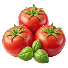 3d ripe tomatoes with fresh basil leaves isolated on transparent background