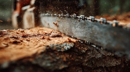 Chainsaw blade cutting through fresh pine bark with wood chips