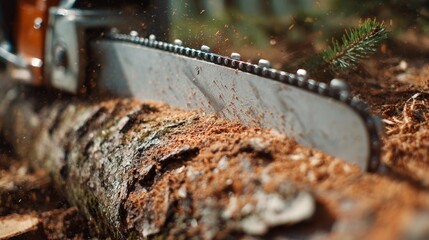 Chainsaw blade cutting through fresh pine bark with wood chips