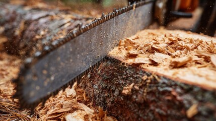 Chainsaw blade cutting through fresh pine bark with wood chips