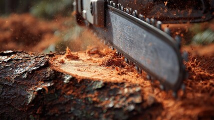 Chainsaw blade cutting through fresh pine bark with wood chips