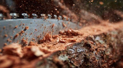 Chainsaw blade cutting through fresh pine bark with wood chips