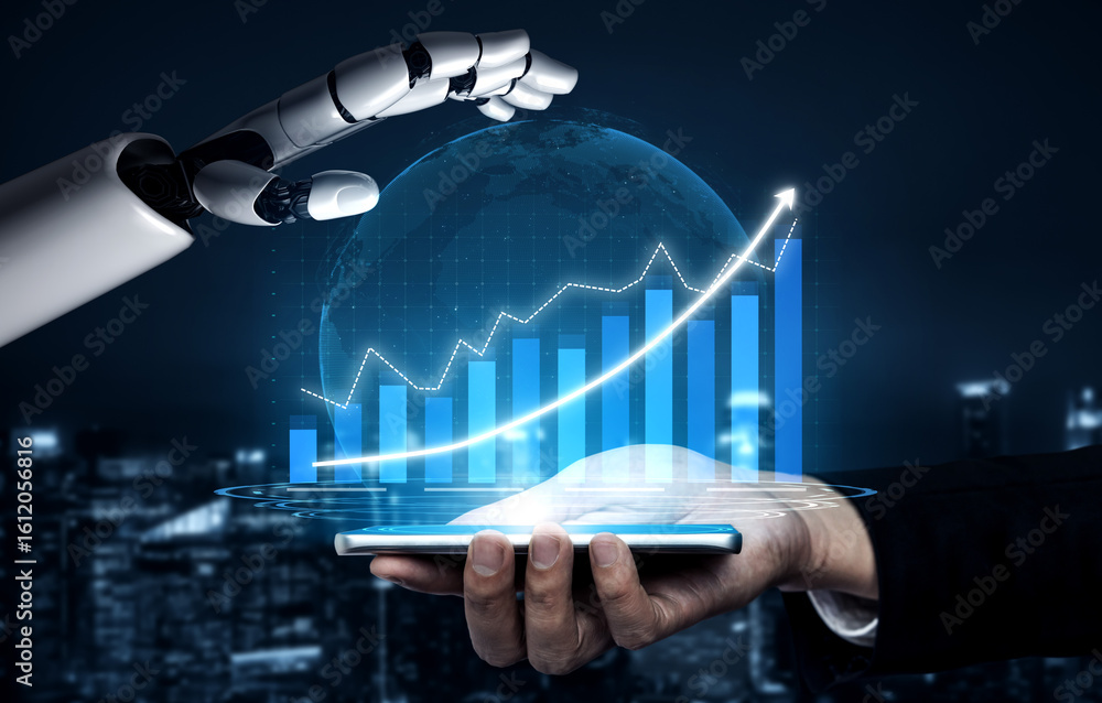 Poster a robotic hand interacts with a digital globe, presenting data visualization and growth trends on a 