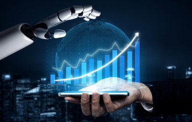 A robotic hand interacts with a digital globe, presenting data visualization and growth trends on a smartphone, highlighting the intersection of technology and finance. Impute