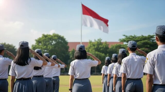 Indonesian Students Saluting the Flag in a School Ceremony