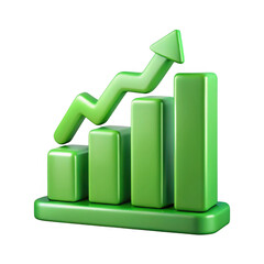 3d green growth bar chart with upward arrow isolated on transparent background