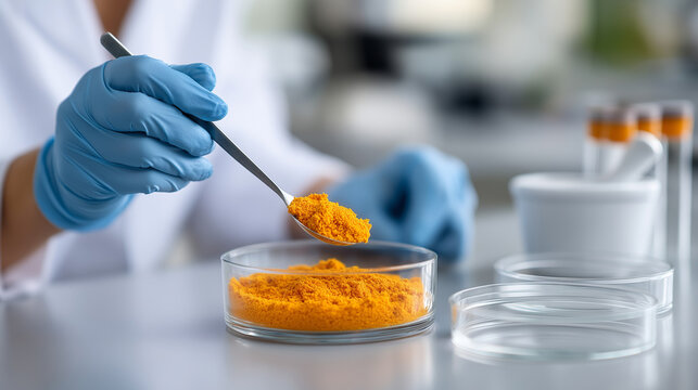 Weighing Orange Plant Extract in Lab Setting with Gloves