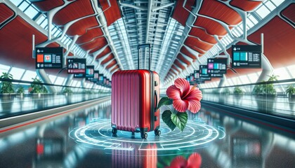 Suitcase and hibiscus flower