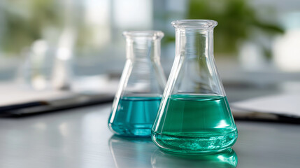 Macro Shot of Emerald Liquid in Conical Flask on Lab Bench