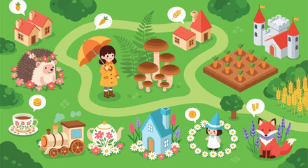 Naklejka premium Cartoon fairytale landscape vector illustration with fox girl hedgehog and train for kids book editable
