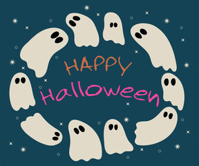 Happy Halloween postcard. Vector illustration Ghosts floating in a circle among stars