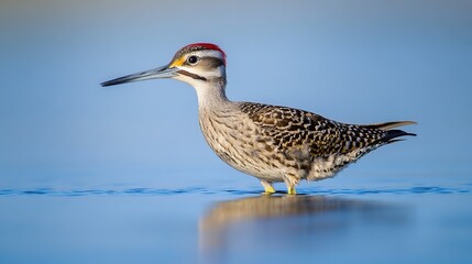 Obraz premium Wilson's Snipe Standing in Shallow Water with Blue Background