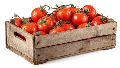 Wooden Crate Filled with Fresh Red Tomatoes Isolated on White Background &ndash; Organic Farm Produce for Packaging, Market, or Healthy Food Concepts