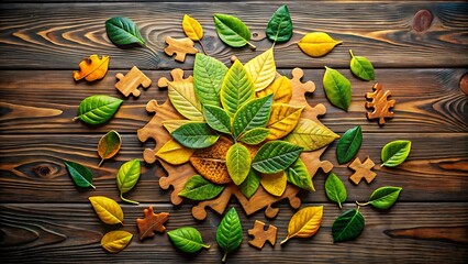 Photo of a collection of colorful autumn leaves arranged on a wooden surface with puzzle pieces