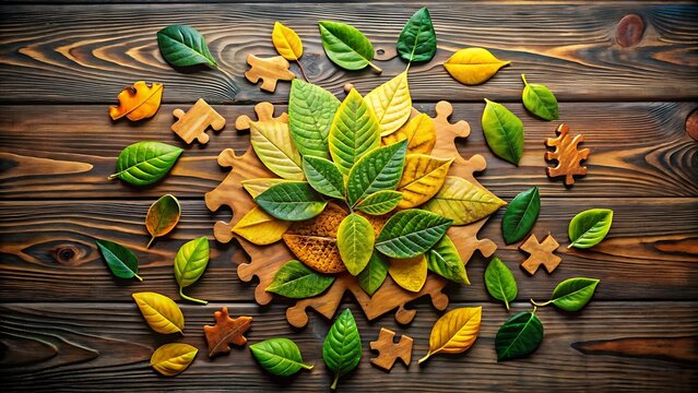 Photo of a collection of colorful autumn leaves arranged on a wooden surface with puzzle pieces
