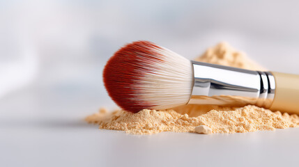 Close Up Of Makeup Brush And Beige Powder