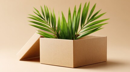 Beige cardboard box with a palm frond inside.
