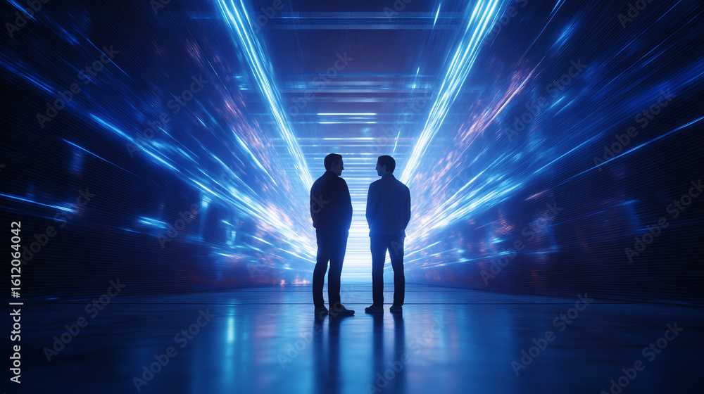Poster futuristic quantum computing chamber with scientists in discussion
