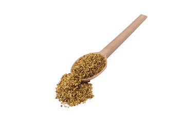 dried flowers of black lilac or black elder in latin sambuci flos on wooden spoon isolated on white...