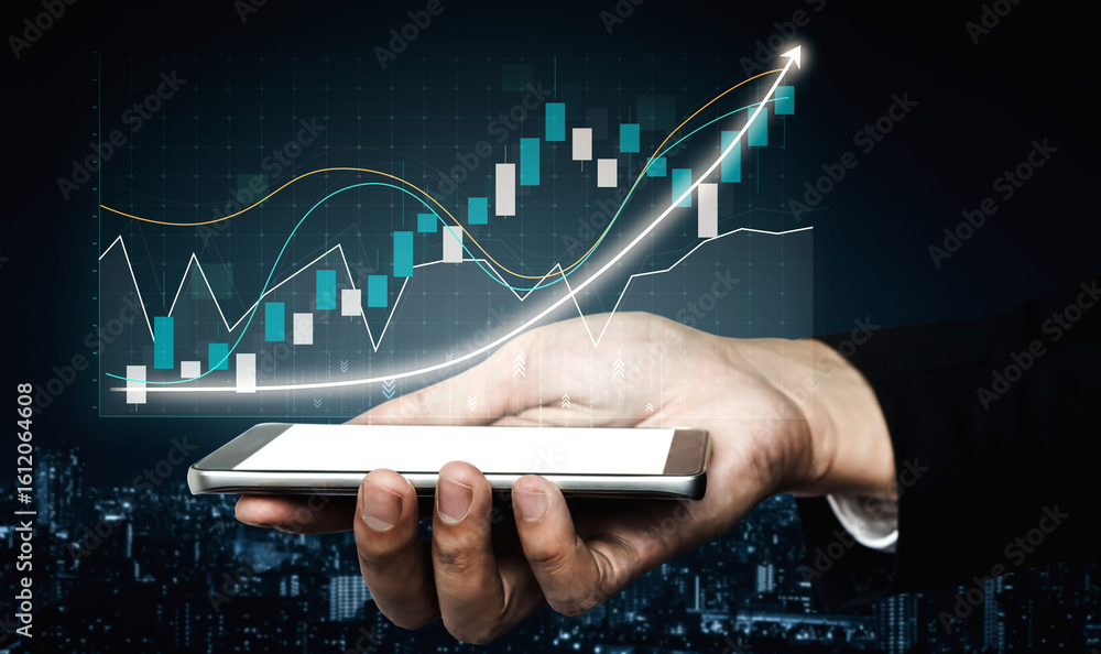 Poster a close-up view of a hand holding a smartphone displaying financial graphs and charts, symbolizing g
