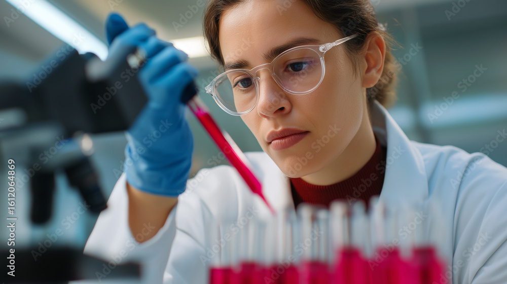 Poster young chemist pipetting crimson sample in a tidy lab environment