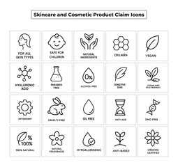 skincare claim icons, cosmetic product icons, vegan icon set, cruelty free icons, organic certified label, paraben free vector, natural ingredients icons, hypoallergenic symbol, sensitive skin label, 