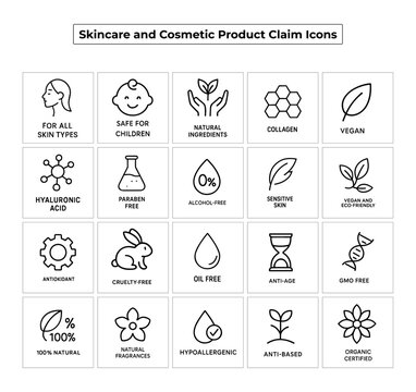 skincare claim icons, cosmetic product icons, vegan icon set, cruelty free icons, organic certified label, paraben free vector, natural ingredients icons, hypoallergenic symbol, sensitive skin label, 